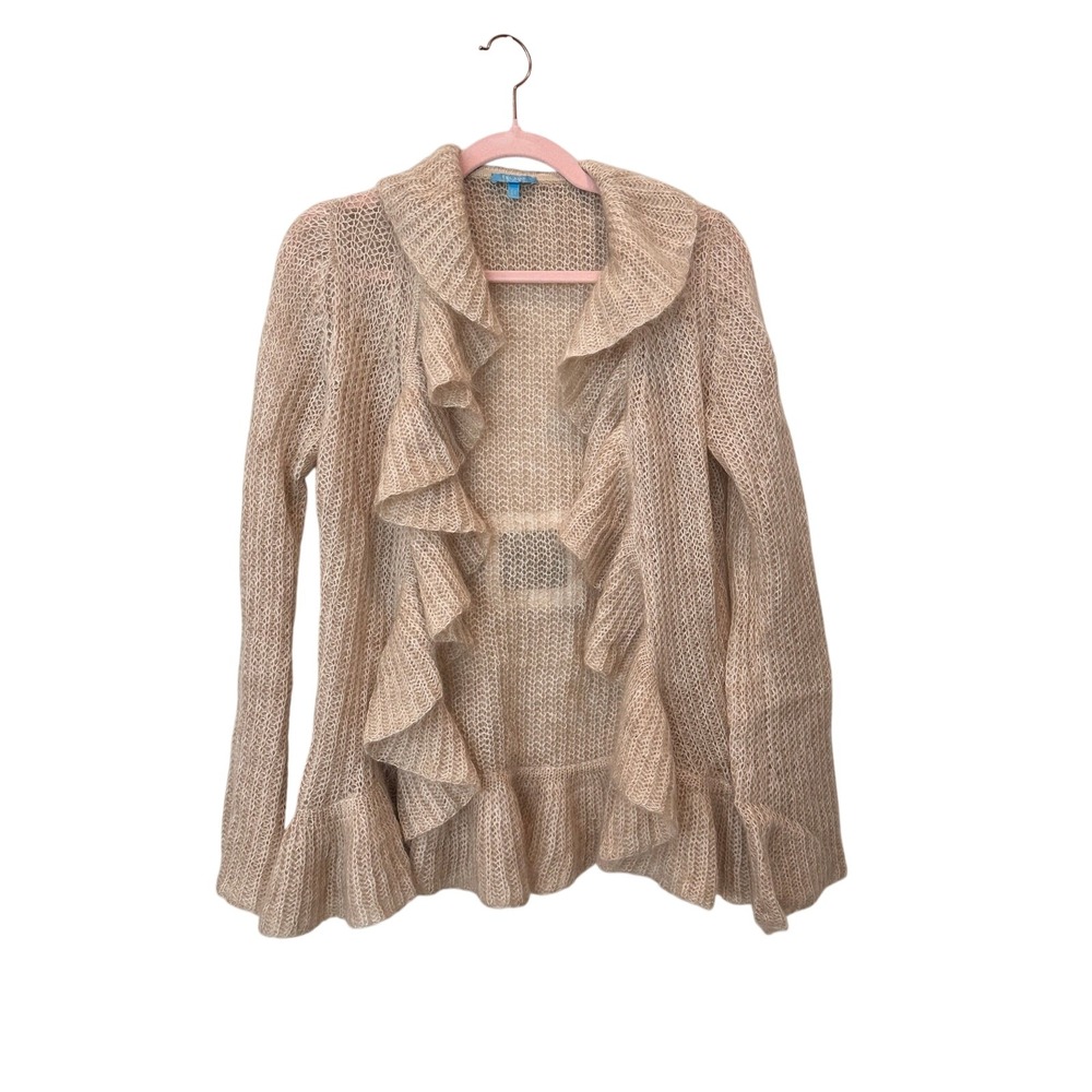 Escada Sport Womens Mohair Wool Ruffle Open Knit Cardigan Sweater Beige Size M